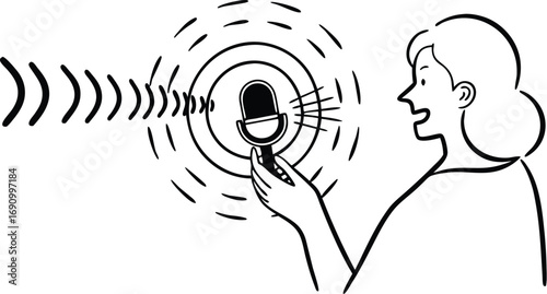 Person speaking into a microphone with sound waves emanating outward concept for voice technology communication and broadcasting
