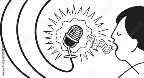 Person speaking into vintage microphone broadcasting sound waves communication audio recording studio performance singing podcast