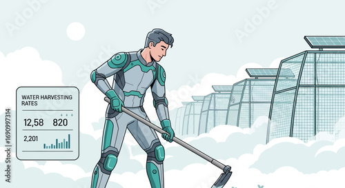 Futuristic farmer working in an eco friendly solar powered greenhouse with sustainability