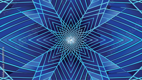 Hypnotic blue geometric kaleidoscope pattern with radiant center and repeating abstract fractal design