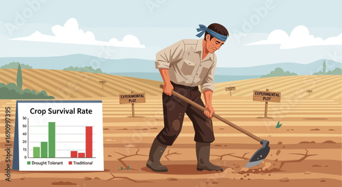 Illustration of a farmer working in a drought-stricken field with crop survival analysis