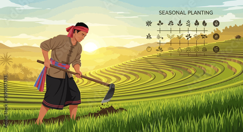 Illustration of traditional farmer cultivating crops on terraced rice fields at sunrise showcases