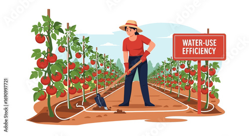 Woman cultivating tomatoes in a field, promoting water-use efficiency in agriculture using