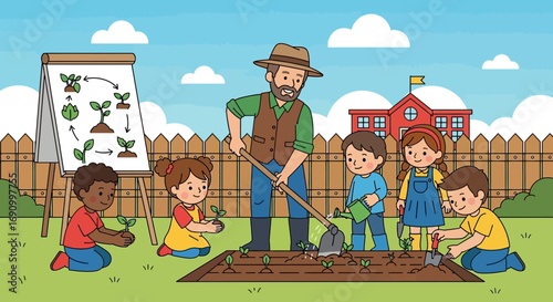 Children learning about the plant life cycle with their teacher in a school garden setting