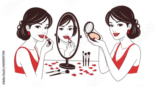 Enchanting Beauty Ritual: A poised woman engages in her makeup ritual, applying lipstick, gazing in a mirror, and delicately using face powder, all set amidst the romance of rose petals.
