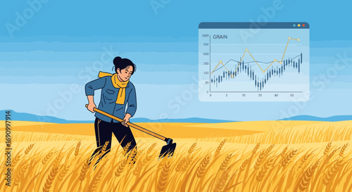 Illustrative depiction of a farmer working in a field with grain price chart background offering