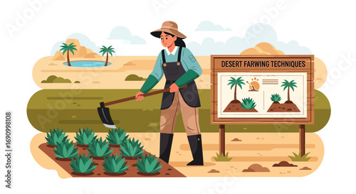 Woman farming in the desert, showcasing sustainable agriculture techniques in arid climates,