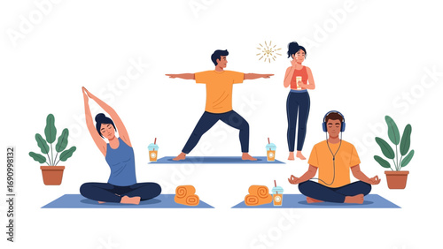 Harmony in Motion: Group of individuals finds inner peace, stretching, meditating, and connecting with themselves through the practice of yoga and mindful activities.