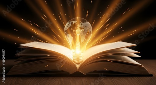A visual metaphor for World Intellectual Property Day. An open book serves as the foundation, from which a light bulb—etched with a map of the world—radiates light, representing the global impact of i