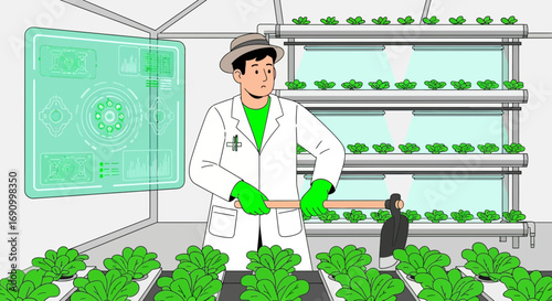 Scientist cultivating lettuce in a hydroponic farm with advanced technology, using vertical
