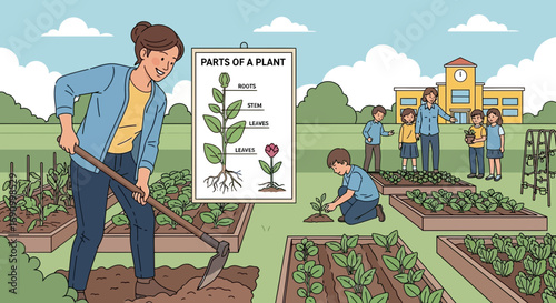 Educational illustration of a school garden with students and teachers learning about plants and