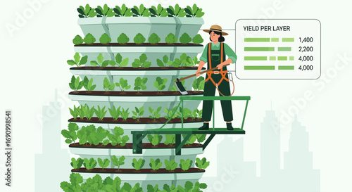 Illustration of urban vertical farming system with a farmer tending crops on a platform
