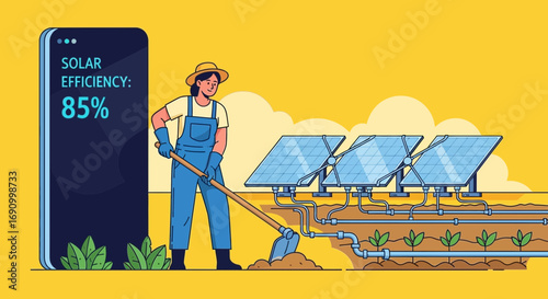 Illustration of Sustainable Agriculture with Solar Panels and Efficient Technology usage