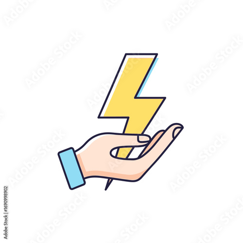 Modern flat icon of hand holding lightning bolt. Energy & technology symbol.