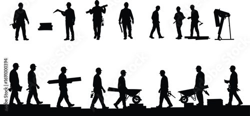 Construction workers silhouettes with tools and wheelbarrows, laborer teamwork, builder carrying equipment, black worker silhouettes, industrial construction site vector, men at work