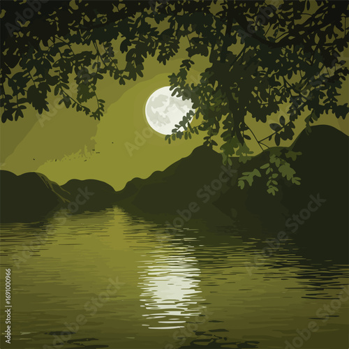 A serene blue landscape shows a full moon's bright light over the water, with dark tree silhouettes reaching into the night sky
