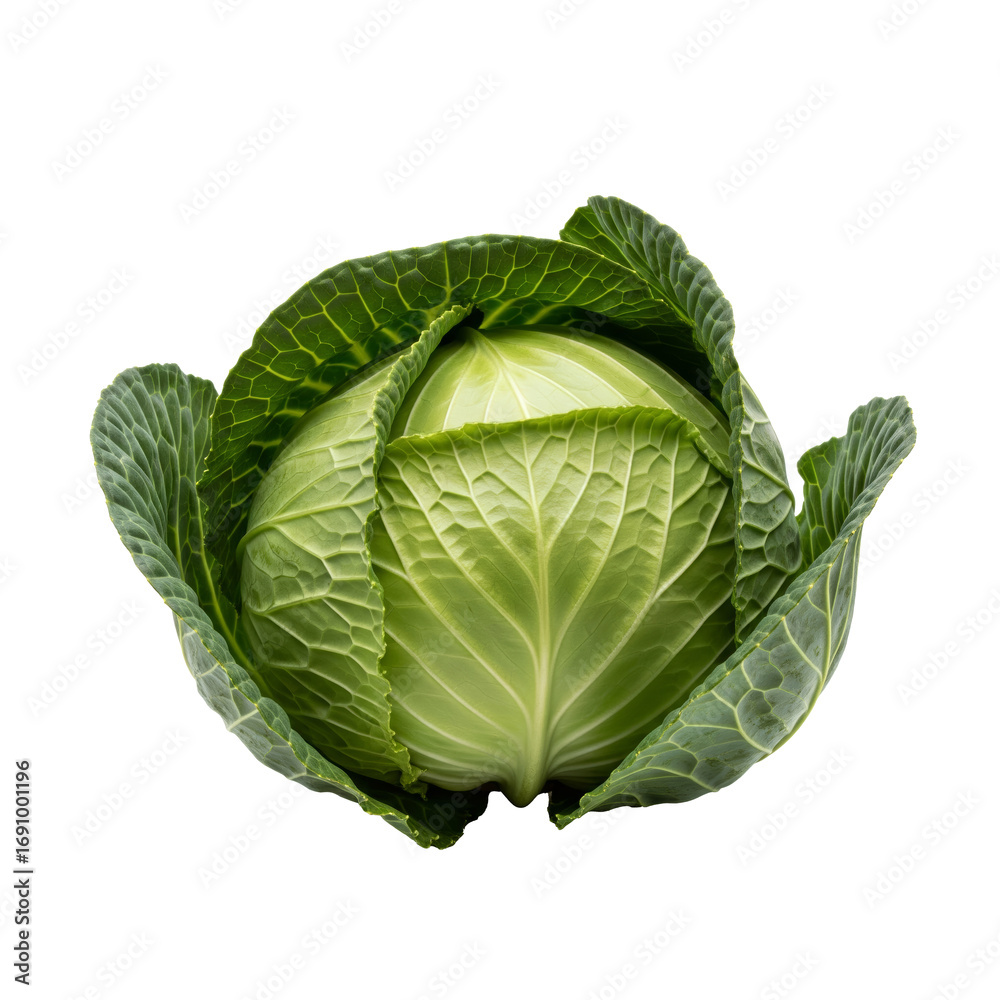 Obraz premium A fresh green cabbage with crisp outer leaves and a tightly packed core PNG cutout transparent background isolate