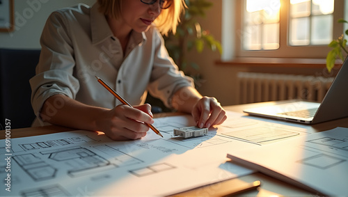 Female entrepreneur prototyping with sketches and 3D sample in sunlit loft