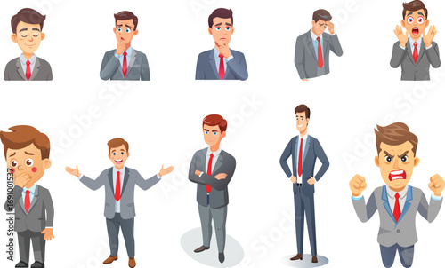 Diverse male business professionals expressing various emotions through animated cartoon characters with unique poses and expressions