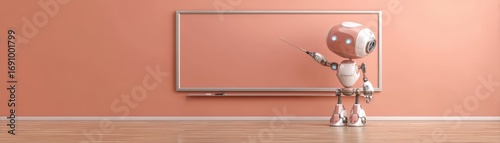 A cute robot stands in a classroom, pointing at a blank board, set against a peach-colored wall, showcasing a blend of technology and education with space for text, cute teacher robot