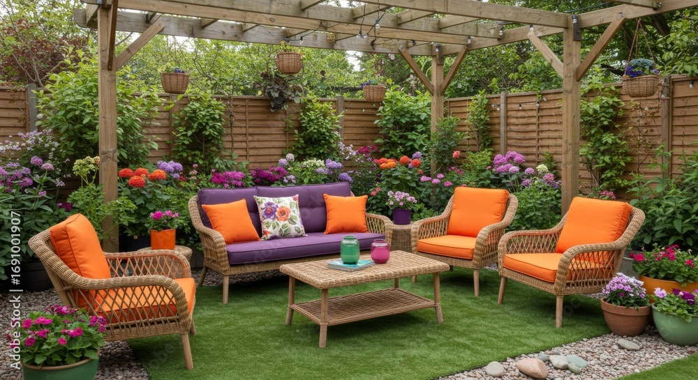Obraz premium Cozy Outdoor Garden Lounge with Rattan Chairs, Colorful Flowers, Wooden Pergola, and Elegant Backyard Decoration