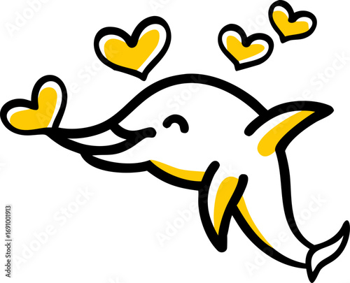 Charming dolphin cartoon character swimming in love, spreading joy and affection with heart shapes