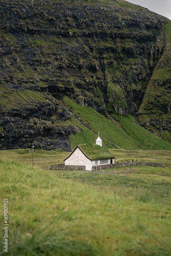 Traditional Grass-Roofed Church in the Faroe Islands, Saksun