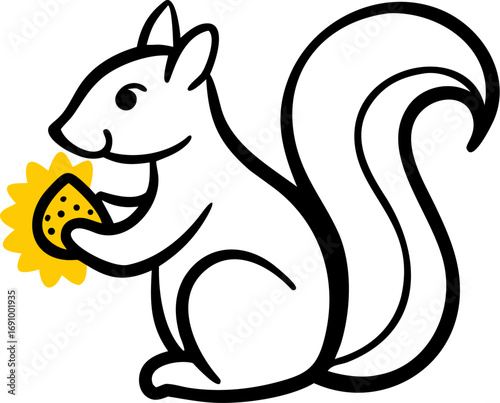 Cute cartoon squirrel holding sunflower seed treat, fun logo design, playful animal drawing, vector