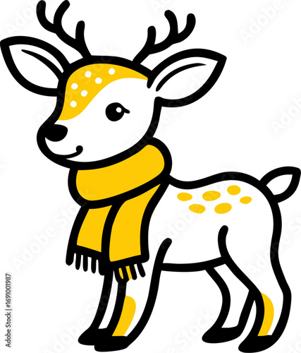 Adorable cartoon reindeer with yellow scarf bringing winter cheer and holiday spirit for festive designs