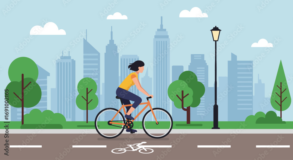 Fototapeta premium Flat illustration of a person cycling in the city, modern lifestyle, eco transport, sports and fitness concept, vector design