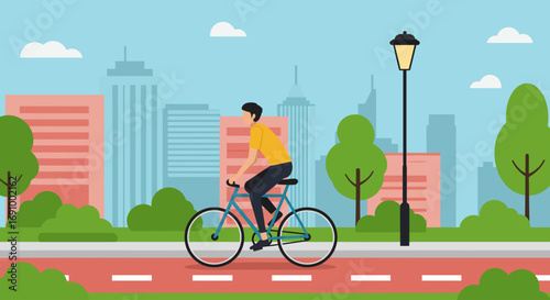 Flat illustration of a person cycling in the city, modern lifestyle, eco transport, sports and fitness concept, vector design
