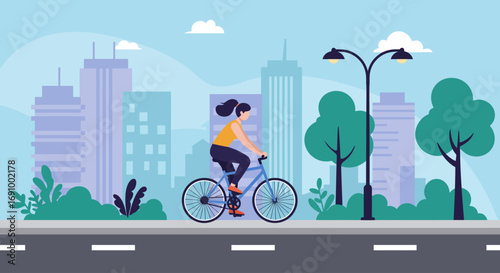 Flat illustration of a person cycling in the city, modern lifestyle, eco transport, sports and fitness concept, vector design