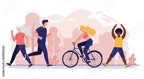 Illustration of diverse people exercising together, running, cycling, and stretching, teamwork and healthy lifestyle, modern flat vector