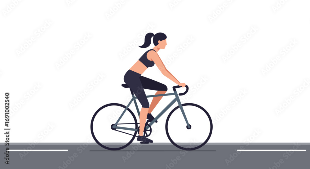 Fototapeta premium Minimalist vector of a woman riding a bicycle on the road, sports activity, eco-friendly transportation, fitness concept, flat style