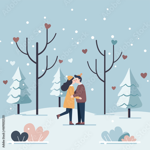A heartwarming flat design vector of a couple sharing a romantic kiss in a serene winter wonderland, surrounded by snow, heart decorations, and peaceful trees. Perfect for holiday and love themes.