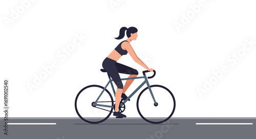Minimalist vector of a woman riding a bicycle on the road, sports activity, eco-friendly transportation, fitness concept, flat style