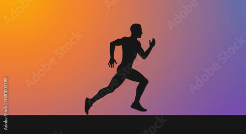 Vector silhouette of a runner exercising at sunset, sport and fitness activity, healthy lifestyle, flat minimalist illustration