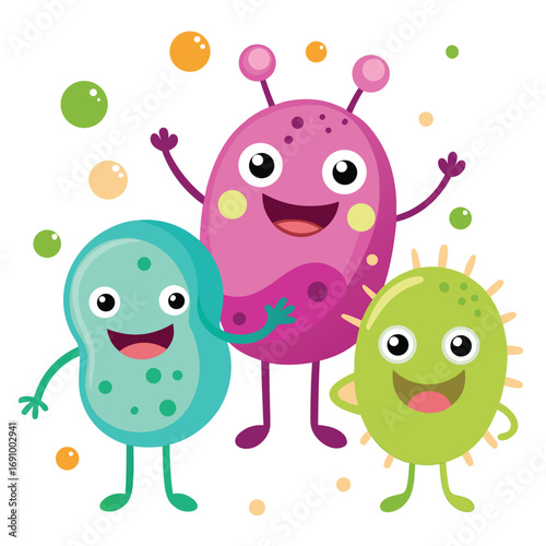 Funny smiling cartoon monsters with cute faces and colorful characters