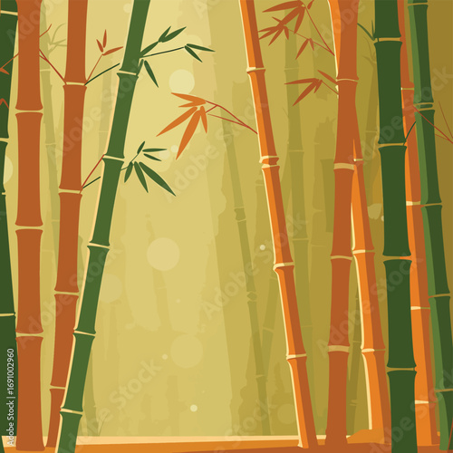 Serene AI flat design vector of a bamboo forest background with tall green and orange stalks under soft, diffused light, perfect for peaceful and calming visuals.