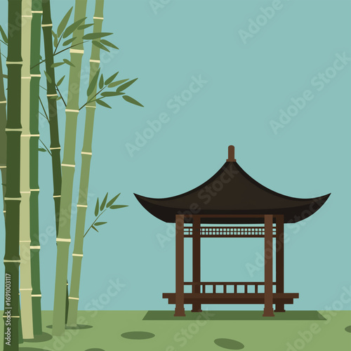 Flat design vector of a serene bamboo grove with a traditional wooden pavilion, surrounded by lush greenery. A peaceful retreat perfect for relaxation and meditation.