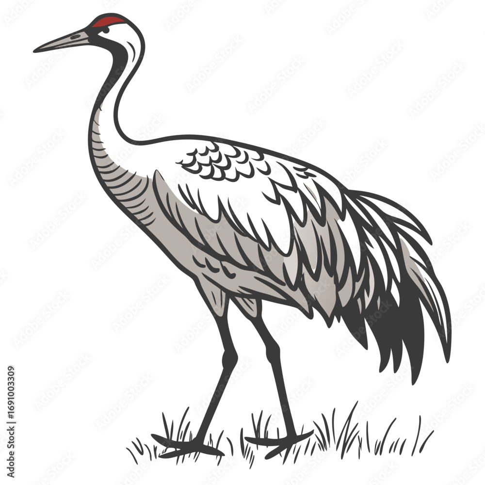 Obraz premium Crane Bird Standing on Grass Vector
