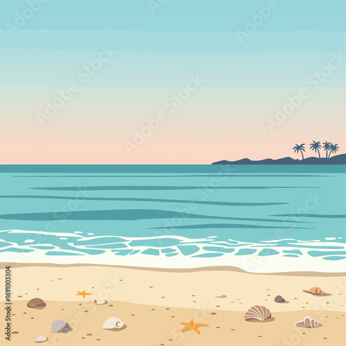 A serene beach scene with gentle waves and seashells on soft sand, evoking relaxation and tranquility. Ideal for nature-themed projects and designs. Flat design vector.