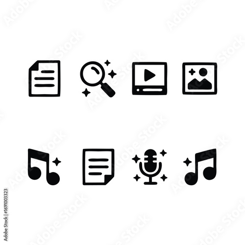 Digital Media & Content Icons: Files, Audio, Video & Search