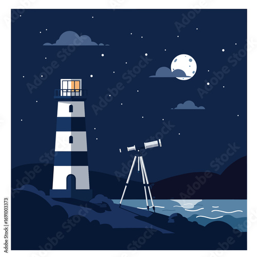 A serene flat design coastal scene featuring a lighthouse under a moonlit sky with a telescope, perfect for evoking adventure, exploration, and discovery. Vector art.