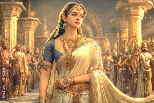 Strong indian queen in an ancient palace from epic mahabharat tale. dignified woman stands before royal court