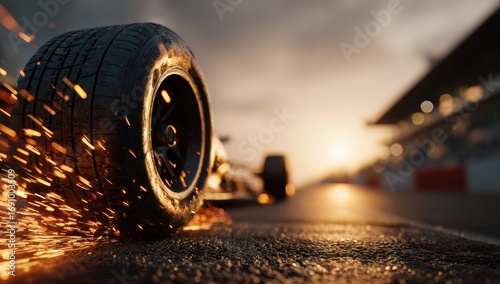 Racing tire sparks on track at sunset