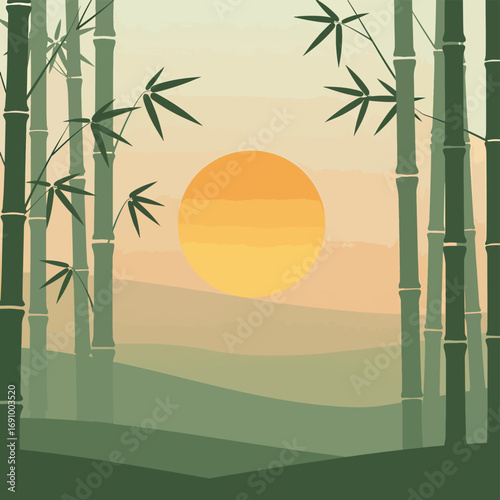 A serene flat design landscape featuring lush bamboo stalks and a glowing sun, evoking tranquility and harmony with nature. Peaceful vector illustration.