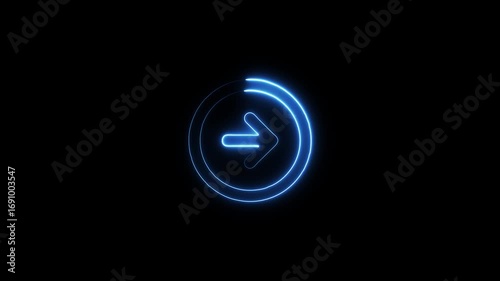 Blue neon right arrow inside a circular outline direction