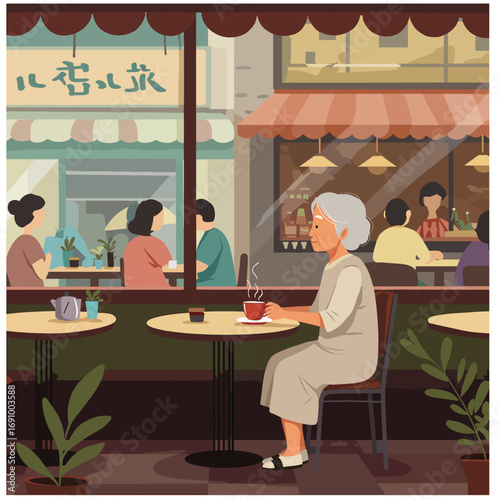 A serene moment captured in flat design: an elderly woman sits alone in a bustling cafe, reflecting on life amidst the vibrant atmosphere. Vector illustration.