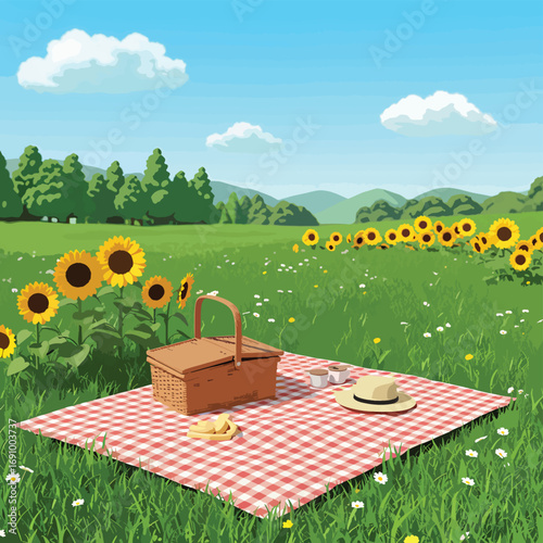 Serene flat design picnic scene with a basket, blooming sunflowers, and checkered blanket on a sunny day in a lush green field. Idyllic summer outdoor relaxation.